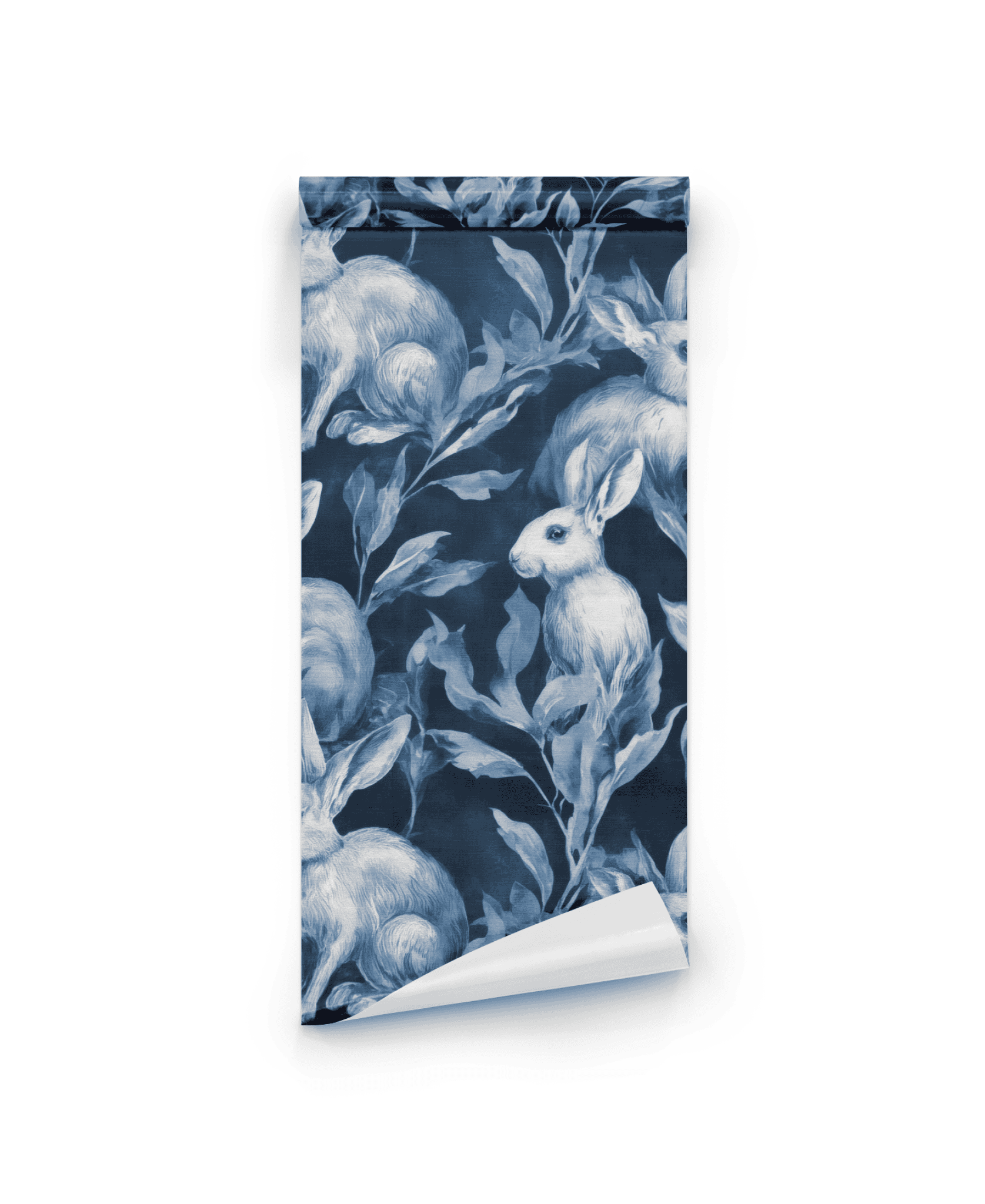 Indigo Rabbit wallpaper features serene rabbits in indigo tones nestled among lush foliage on a crisp white background.