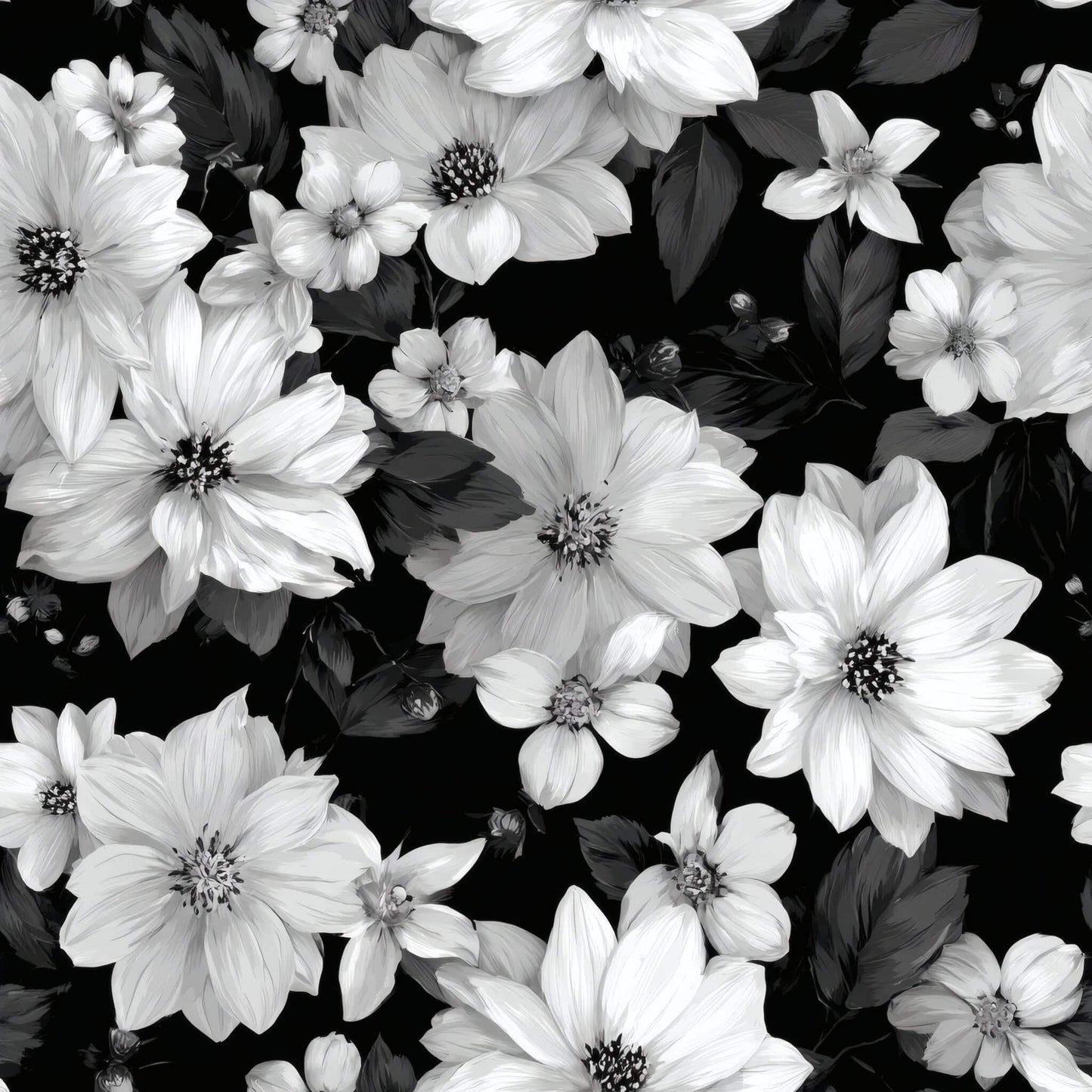 Black and white floral wallpaper with large blossoms and leaves.
