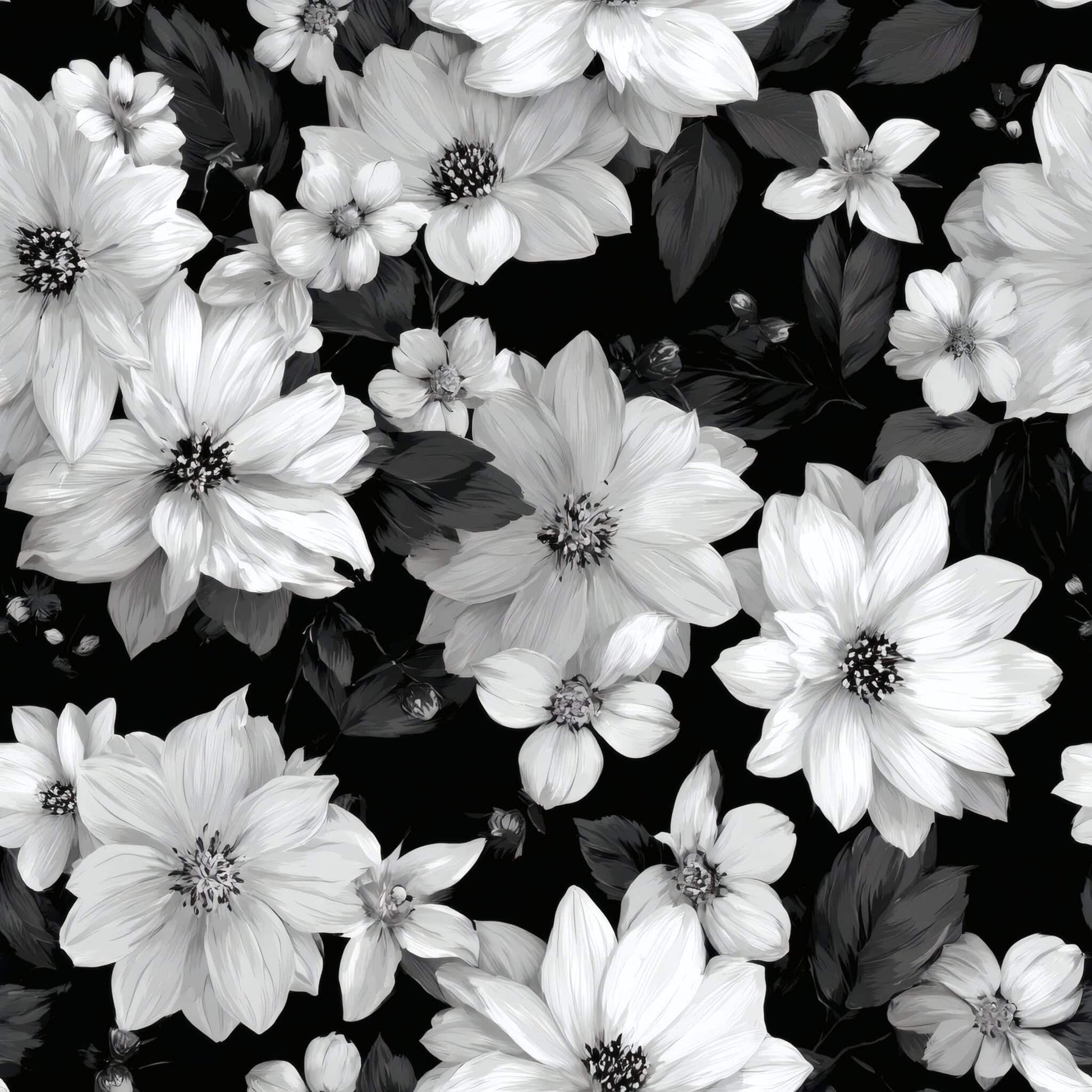 Black and white floral wallpaper with large blossoms and leaves.