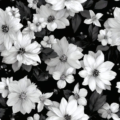 Black and white floral wallpaper with large blossoms and leaves.