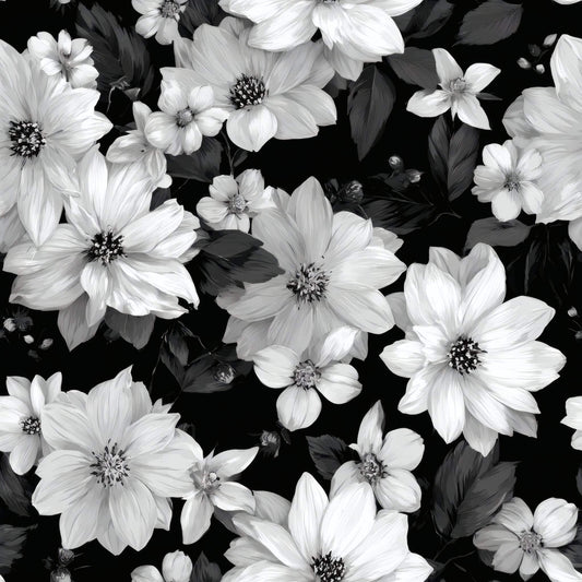 Black and white floral wallpaper with large blossoms and leaves.