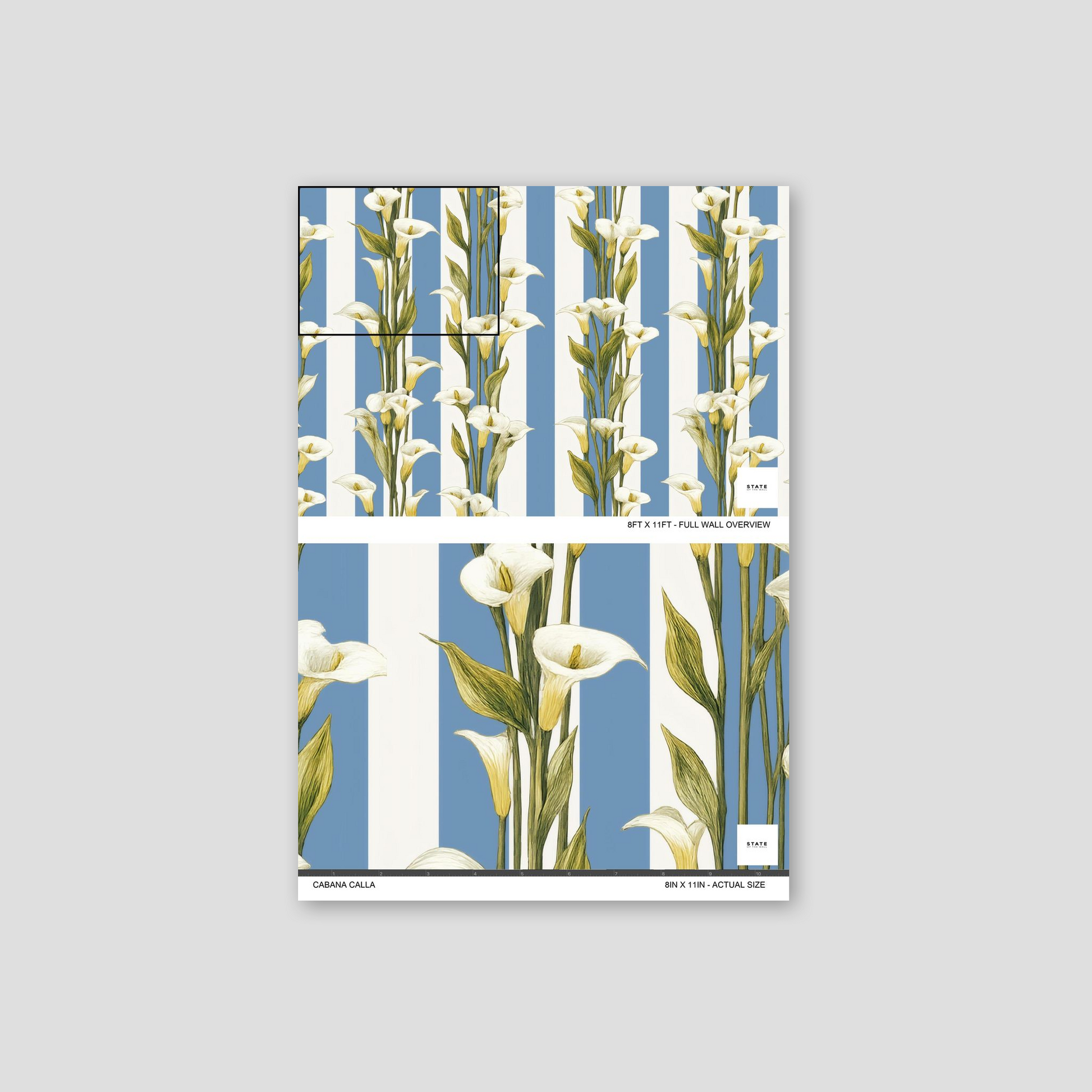 Cabana Calla wallpaper with calla lilies on blue and white stripes.