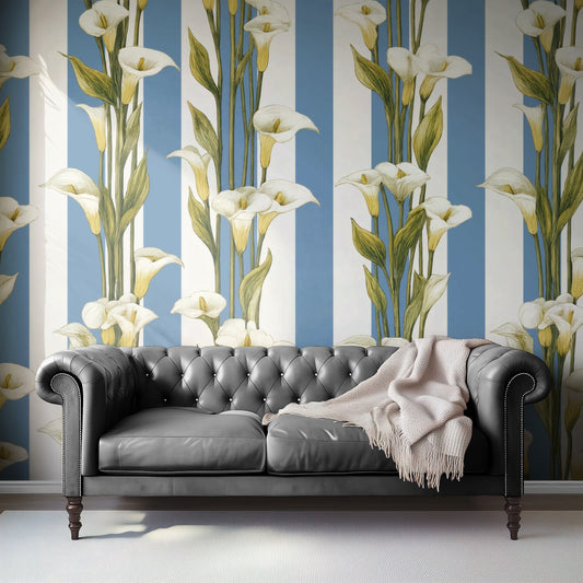 White calla lilies climbing a blue-and-white vertical cabana stripe in a fresh classic wallpaper. — installed wall view