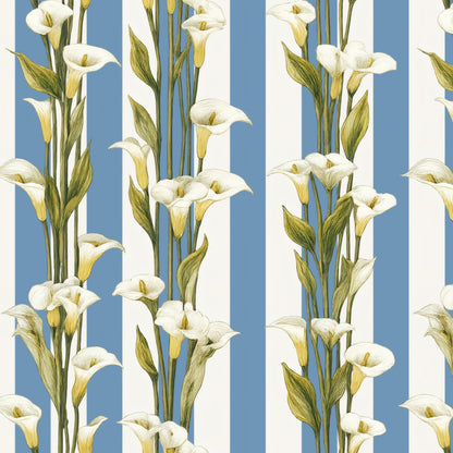 White calla lilies climbing a blue-and-white vertical cabana stripe in a fresh classic wallpaper.
