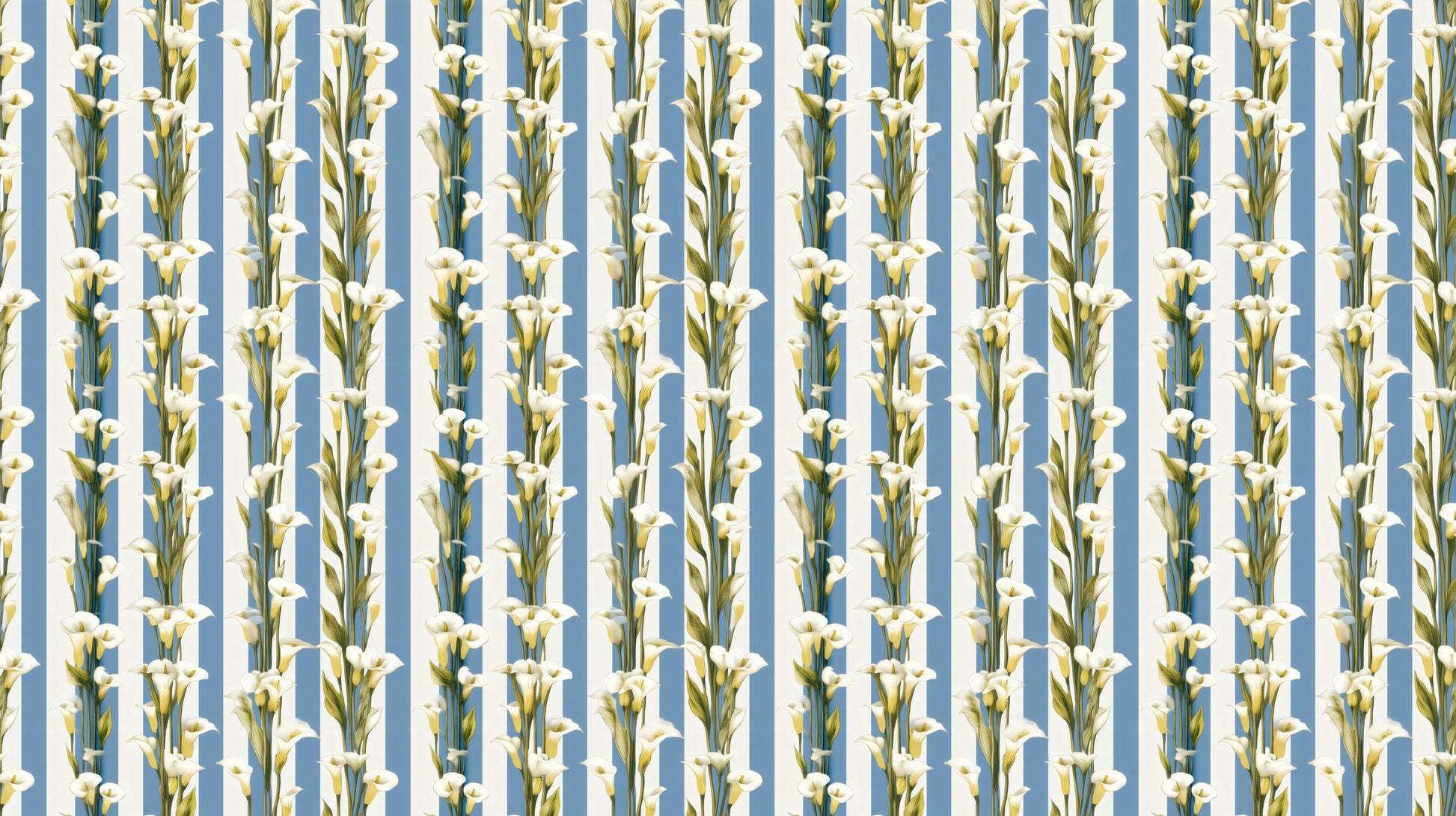Blue Stripe Mural artwork — white calla lilies on cornflower blue and ivory cabana stripes.