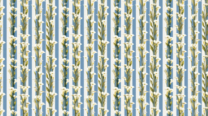 Blue Stripe Mural artwork — white calla lilies on cornflower blue and ivory cabana stripes.