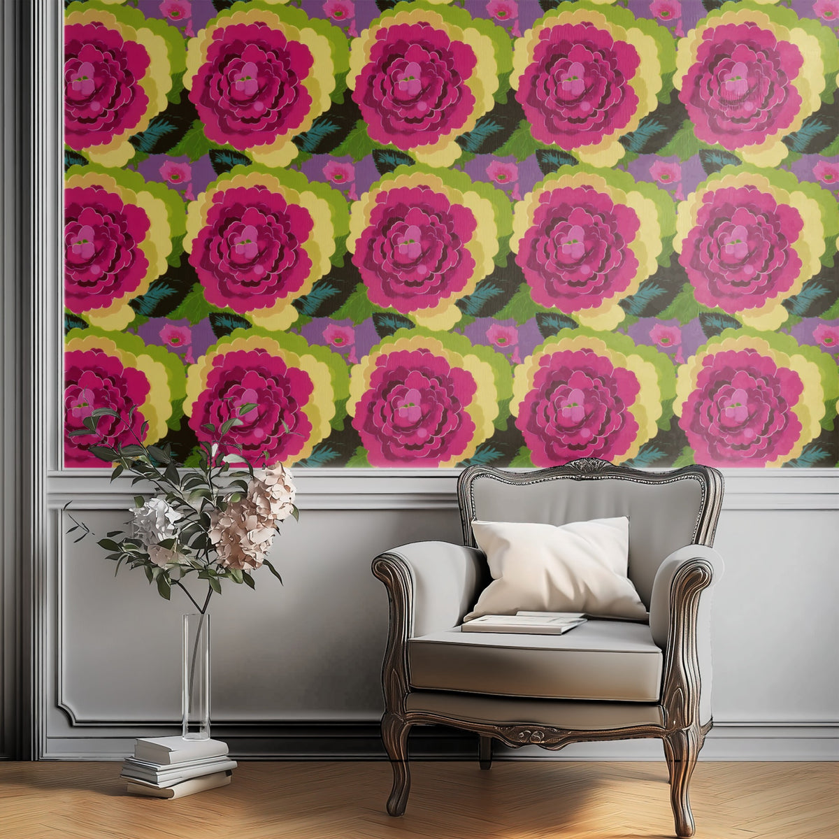 Cabbage Flower large scale wallpaper in a styled room