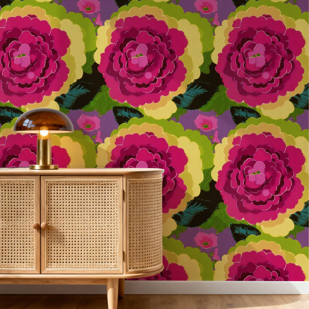 Cabbage Flower large scale wallpaper in a styled room