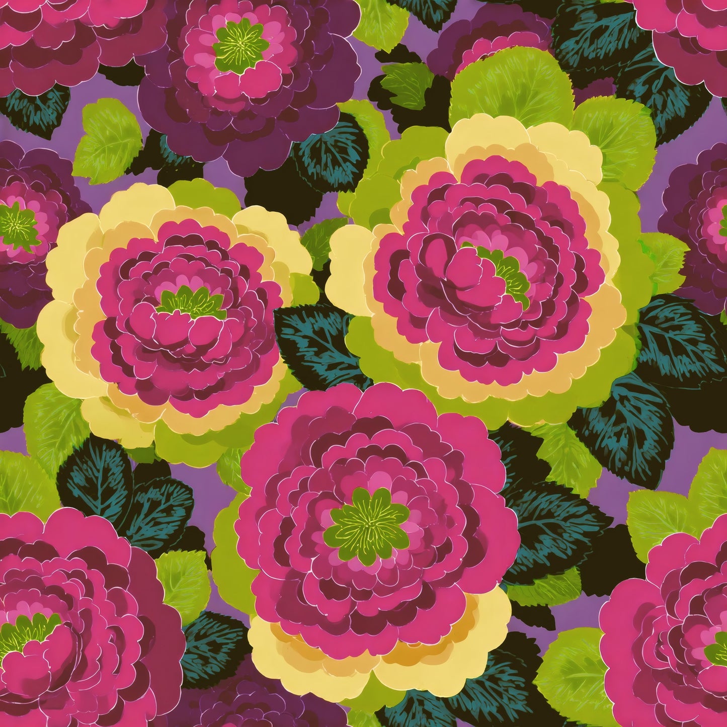 Flat concentric rosette blooms in magenta, mustard and chartreuse with teal leaves on lavender.