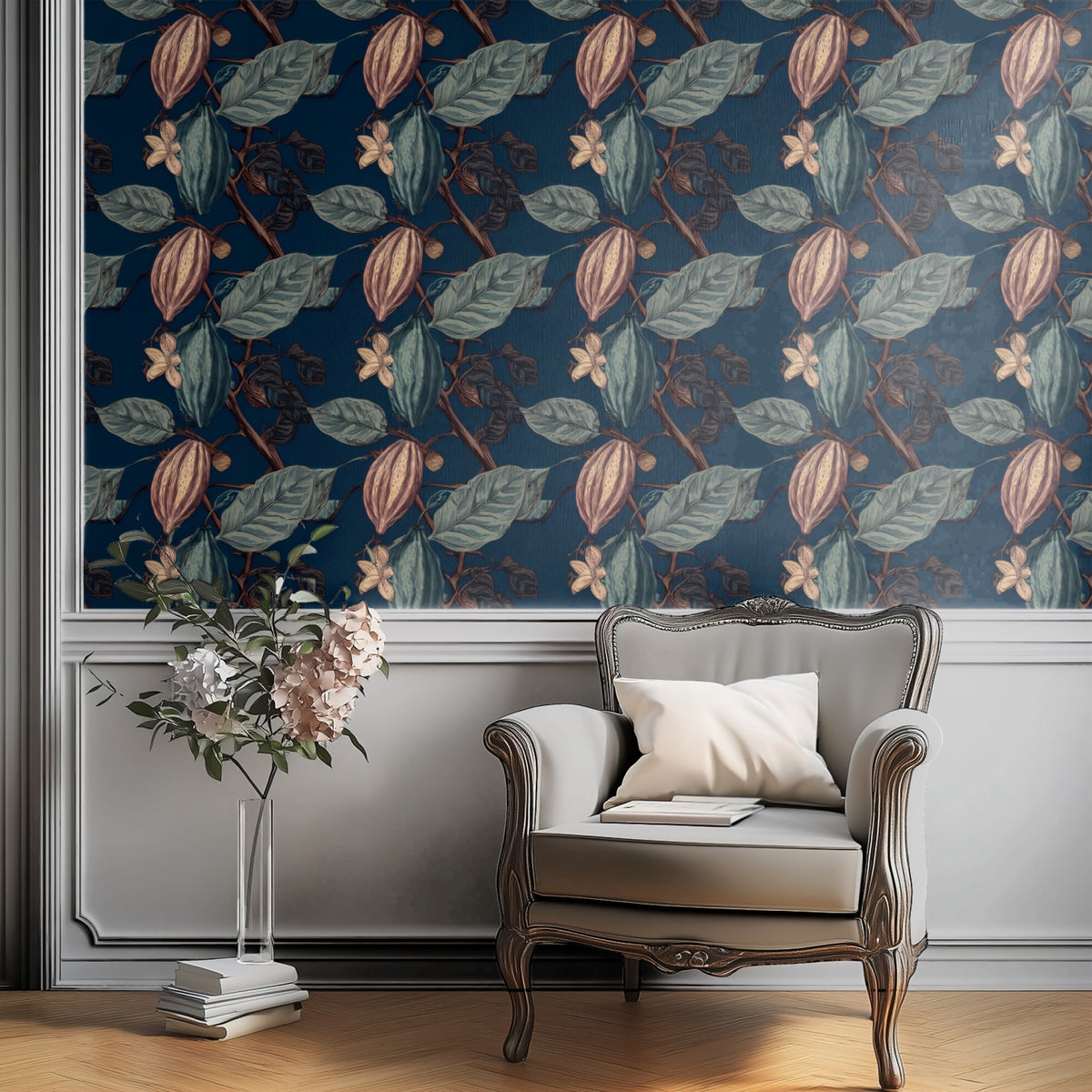 Cacao Pods large scale wallpaper in a styled room