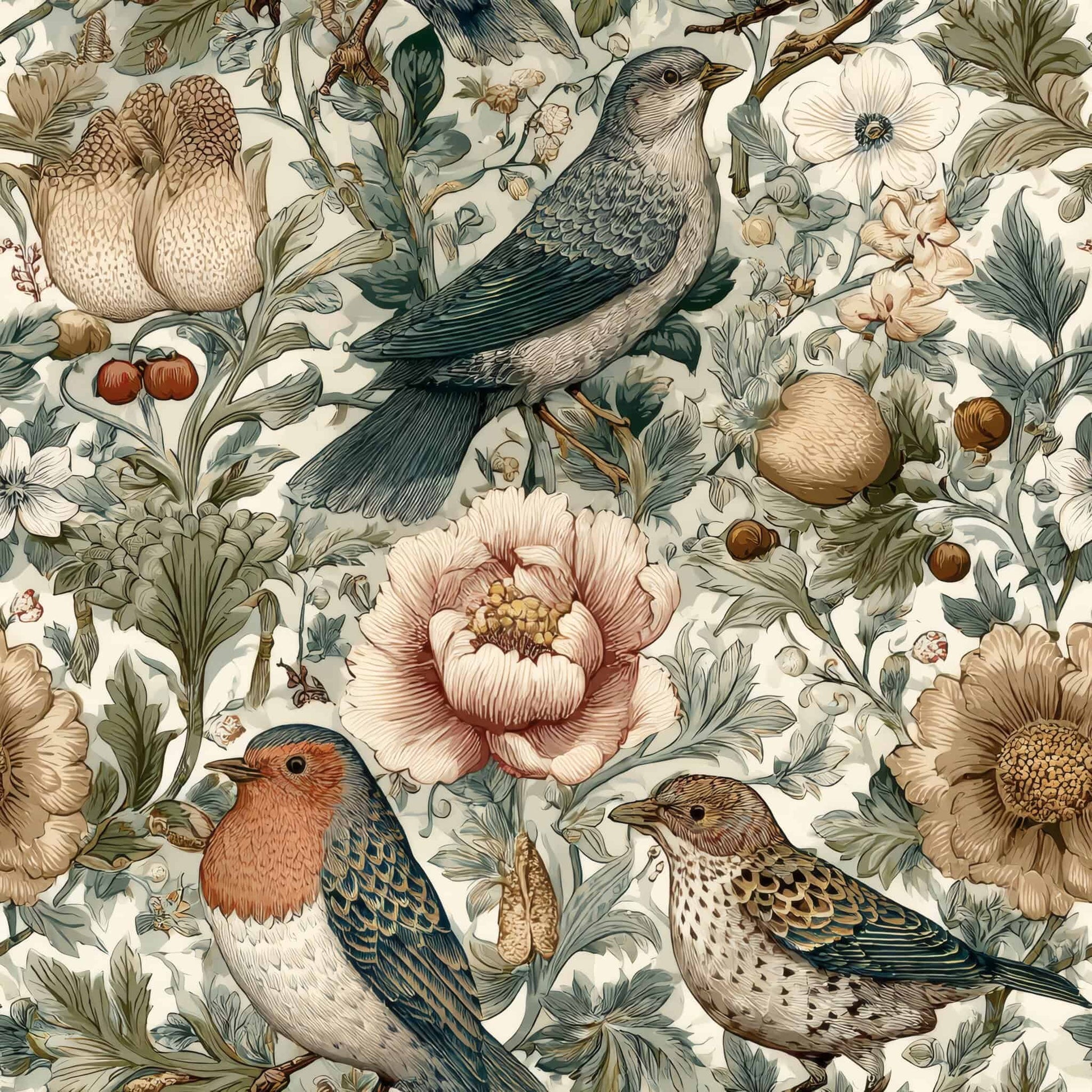 Wallpaper featuring intricate birds and flowers in natural tones.