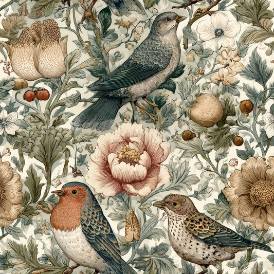 Wallpaper featuring intricate birds and flowers in natural tones.