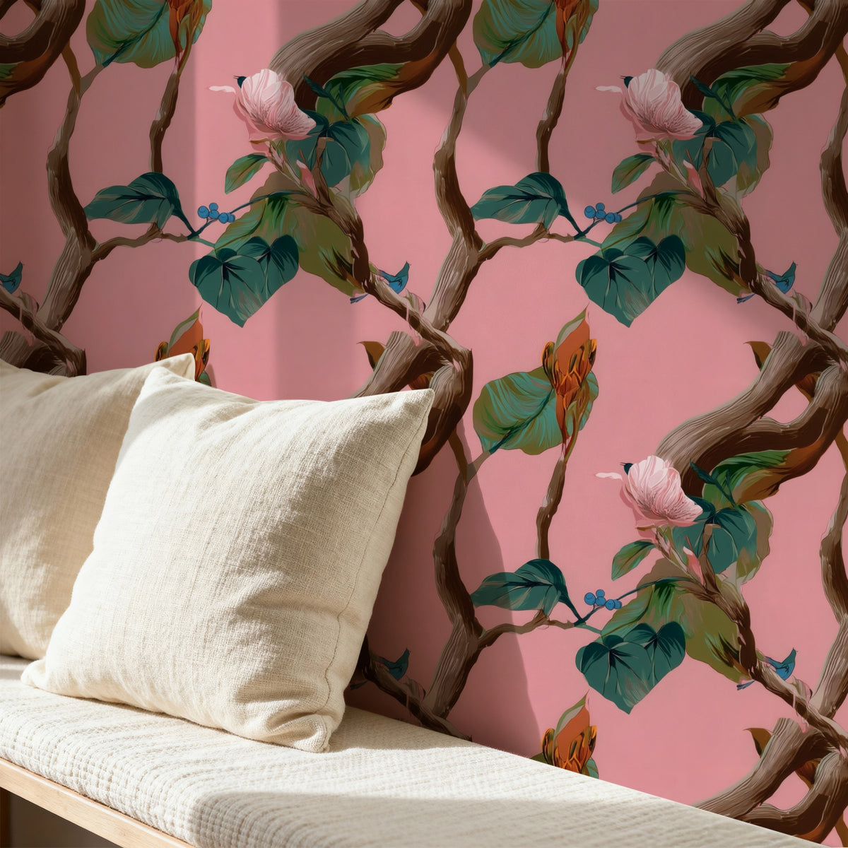 Camellia Bough large scale wallpaper in a styled room
