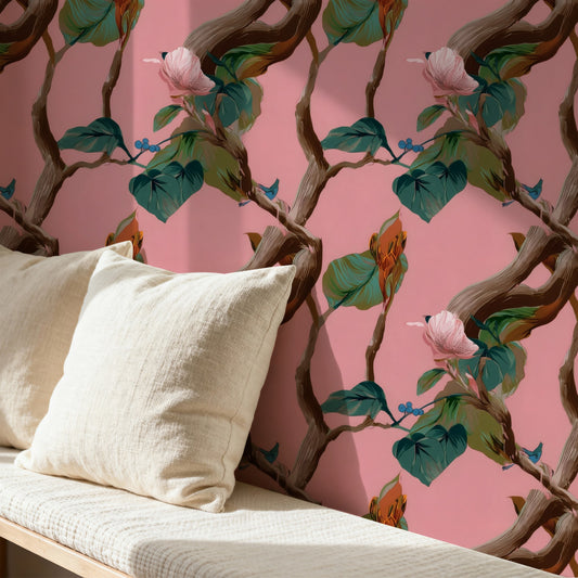 Camellia Bough large scale wallpaper in a styled room