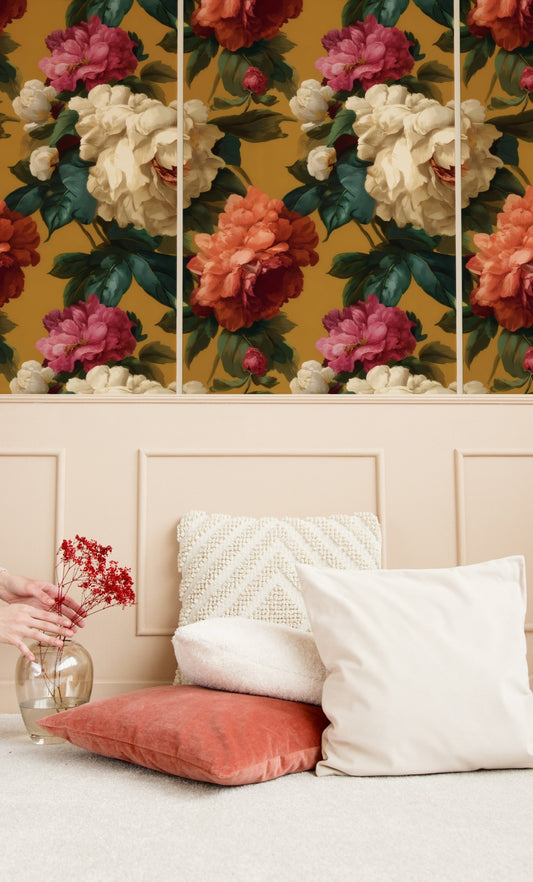 Camellia Toss large scale wallpaper in a styled room