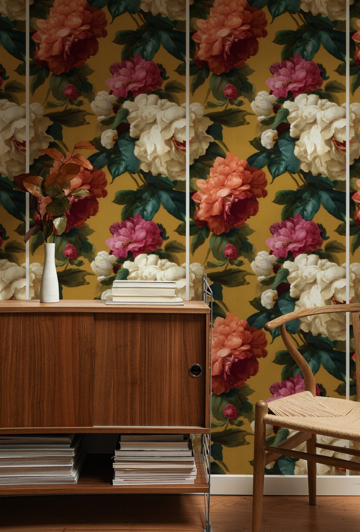Camellia Toss large scale wallpaper in a styled room