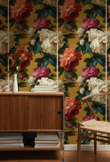 Camellia Toss large scale wallpaper in a styled room