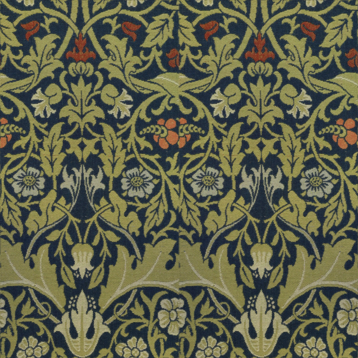Olive leaves and small red campion flowers in a mirrored pattern on deep navy, a William Morris design.