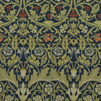 Olive leaves and small red campion flowers in a mirrored pattern on deep navy, a William Morris design.
