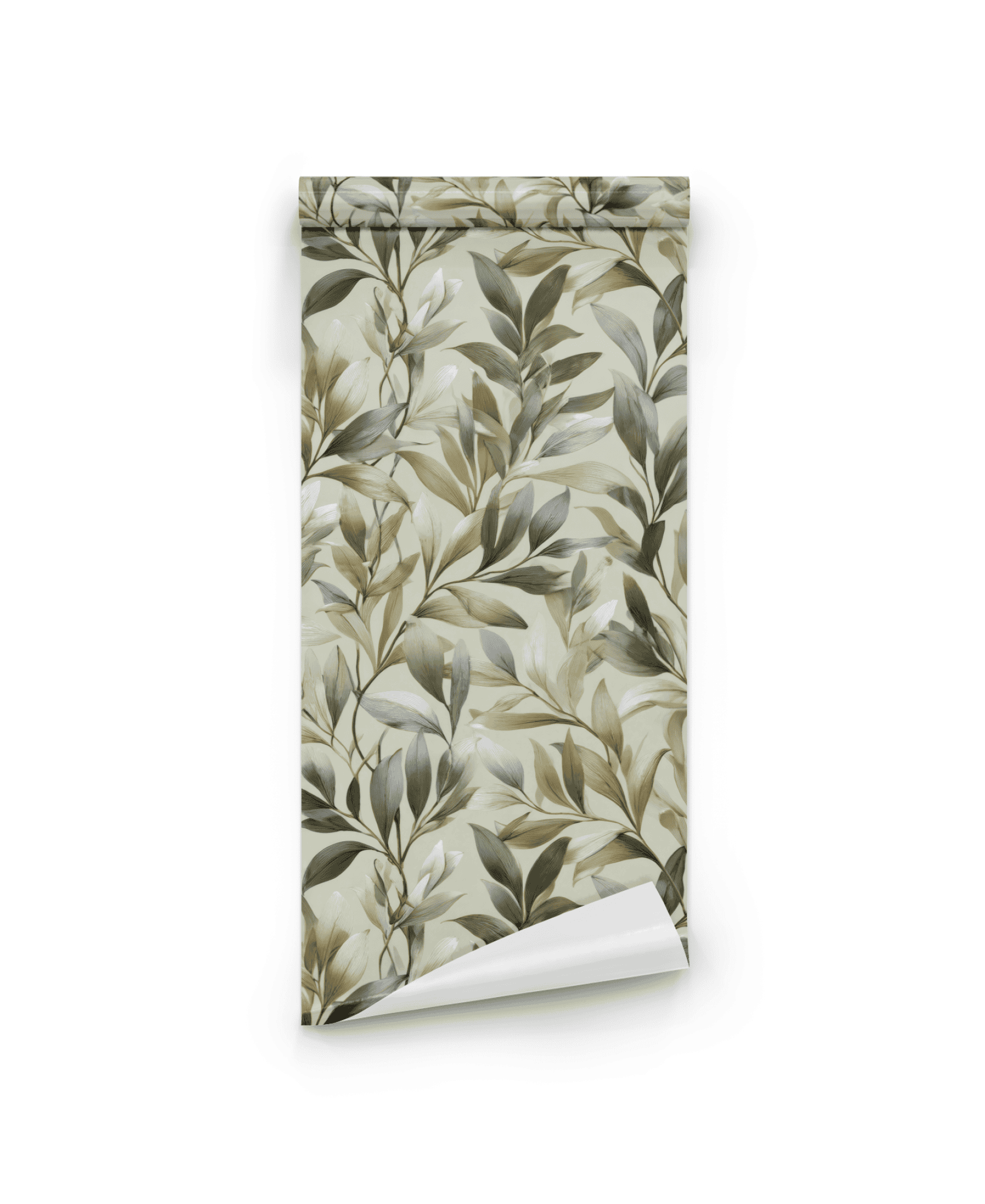 The Verdant Elegance Wallpaper features a botanical leaf pattern in soft greens and beige, with delicate leaves and a natural ambiance, partially unrolled against a white background.