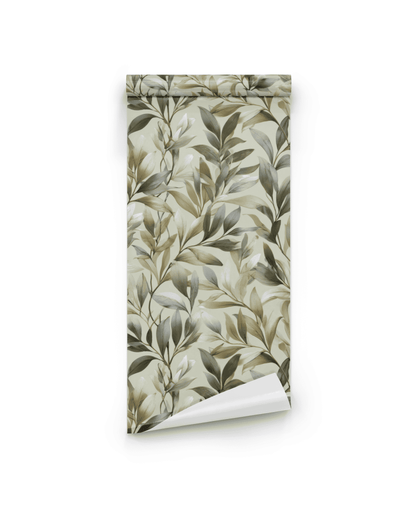 The Verdant Elegance Wallpaper features a botanical leaf pattern in soft greens and beige, with delicate leaves and a natural ambiance, partially unrolled against a white background.