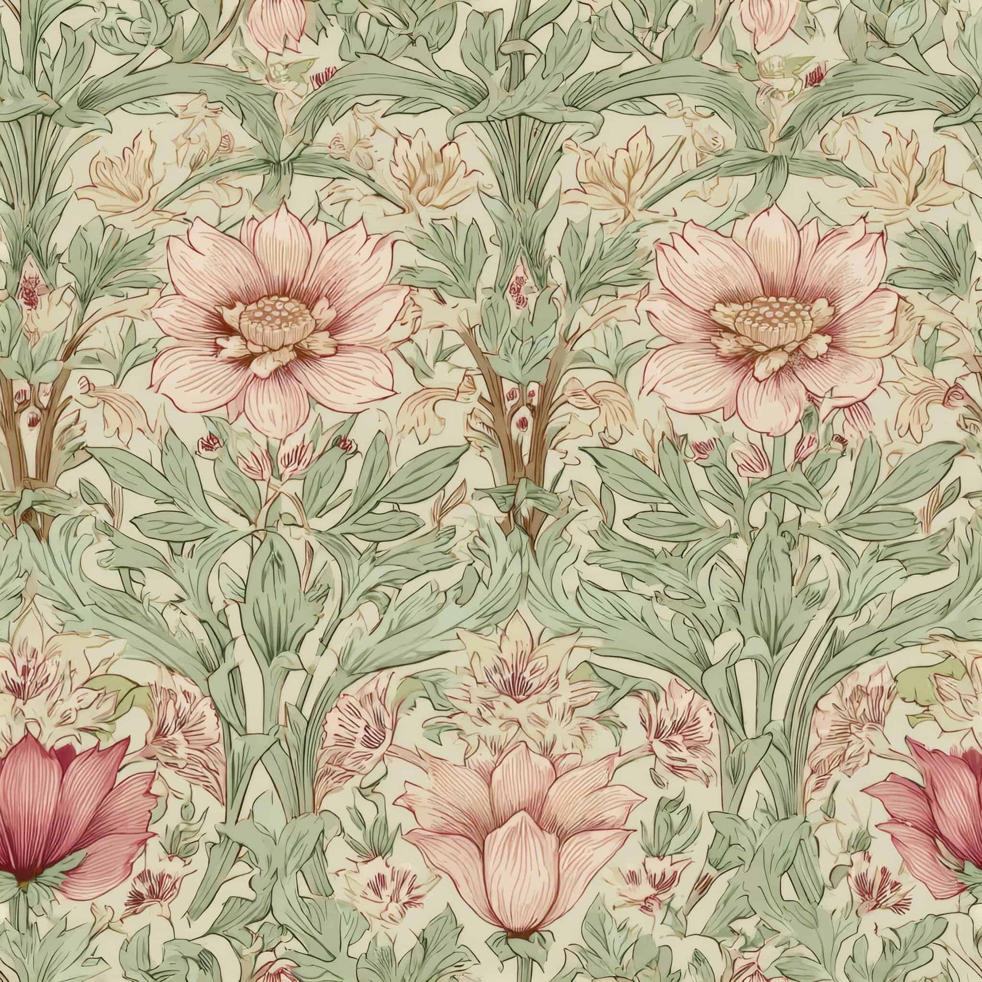 Floral wallpaper with lush pink flowers and green leaves on a cream background.