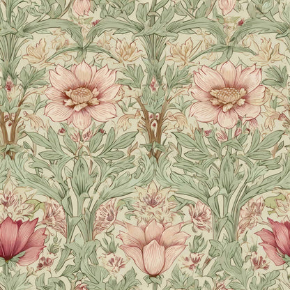 Floral wallpaper with lush pink flowers and green leaves on a cream background.