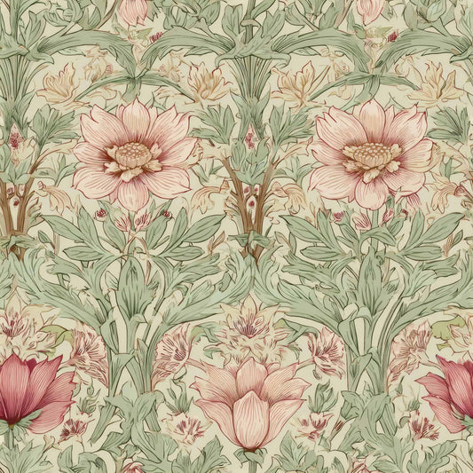 Floral wallpaper with lush pink flowers and green leaves on a cream background.