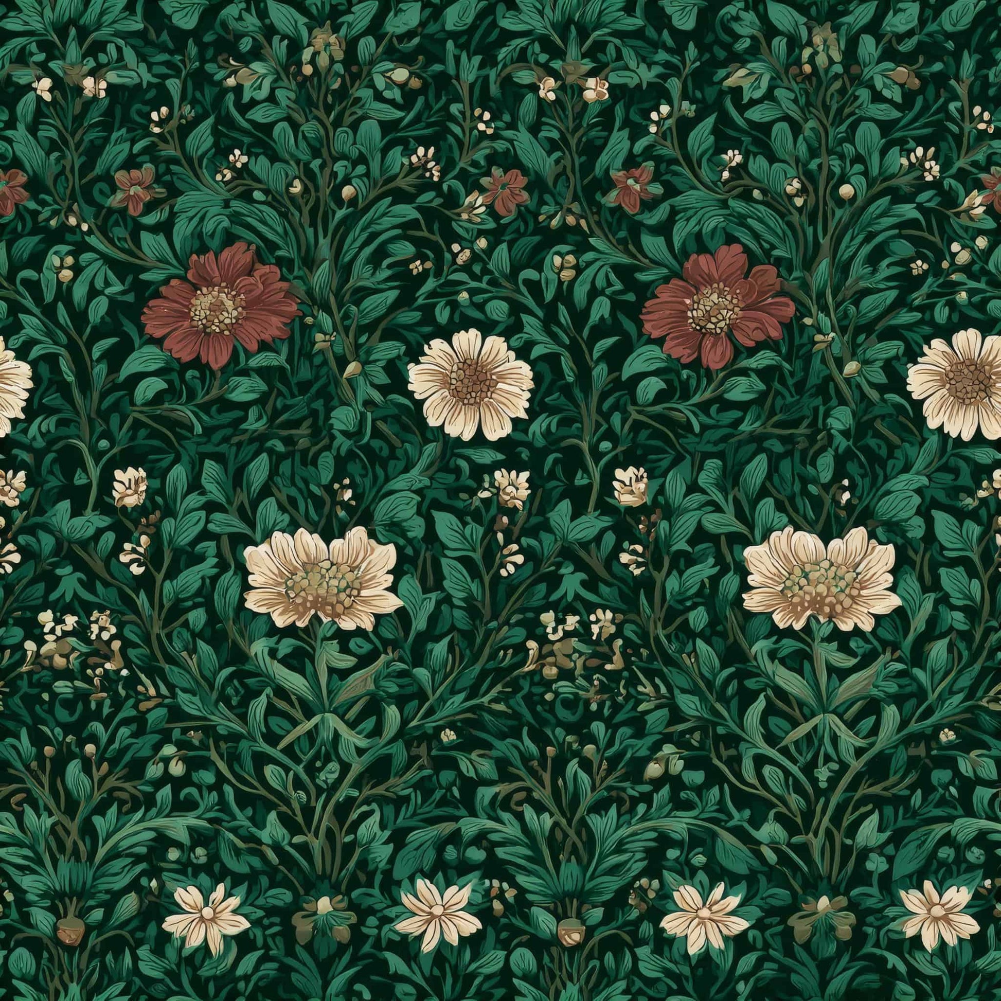 Intricate floral pattern wallpaper with deep green background and delicate red and beige flowers.