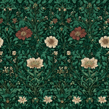 Intricate floral pattern wallpaper with deep green background and delicate red and beige flowers.