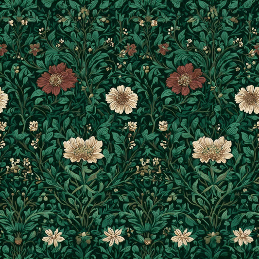 Intricate floral pattern wallpaper with deep green background and delicate red and beige flowers.