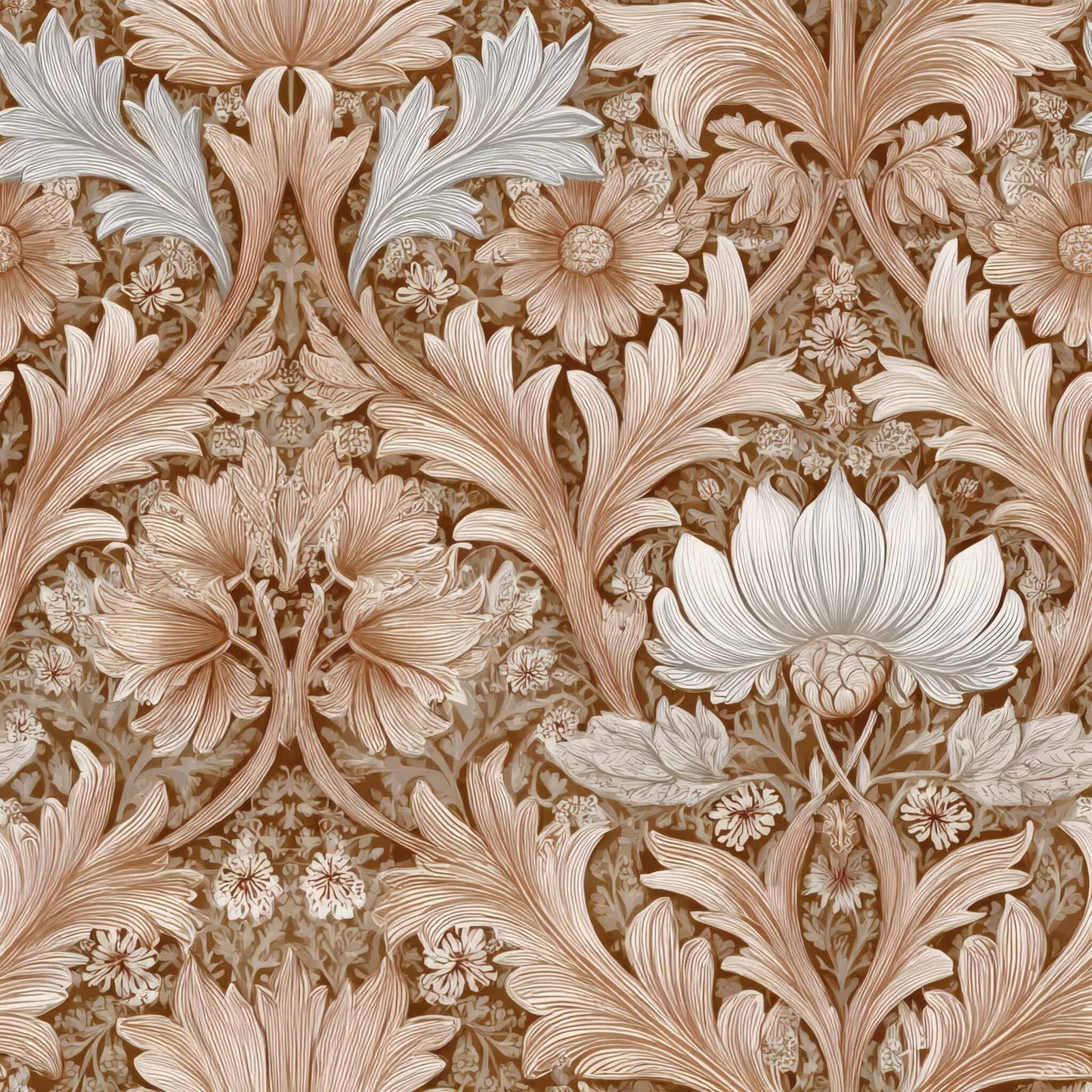 Intricate floral pattern in beige and tan with detailed leaves and flowers.