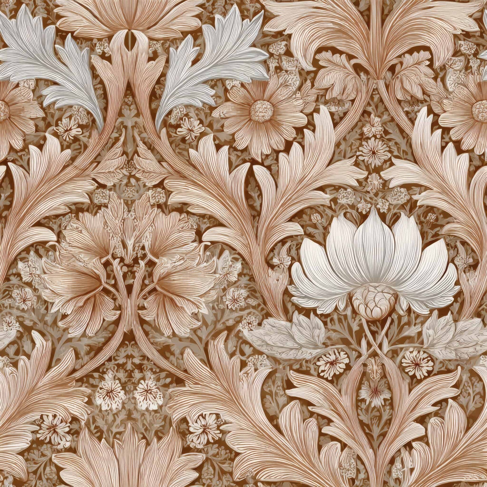 Intricate floral pattern in beige and tan with detailed leaves and flowers.