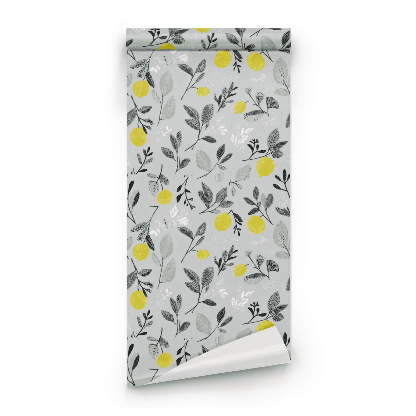 Blue Botanical Wallpaper roll close-up showing the citrus fruit and foliage drawing on the blue ground in fine line work