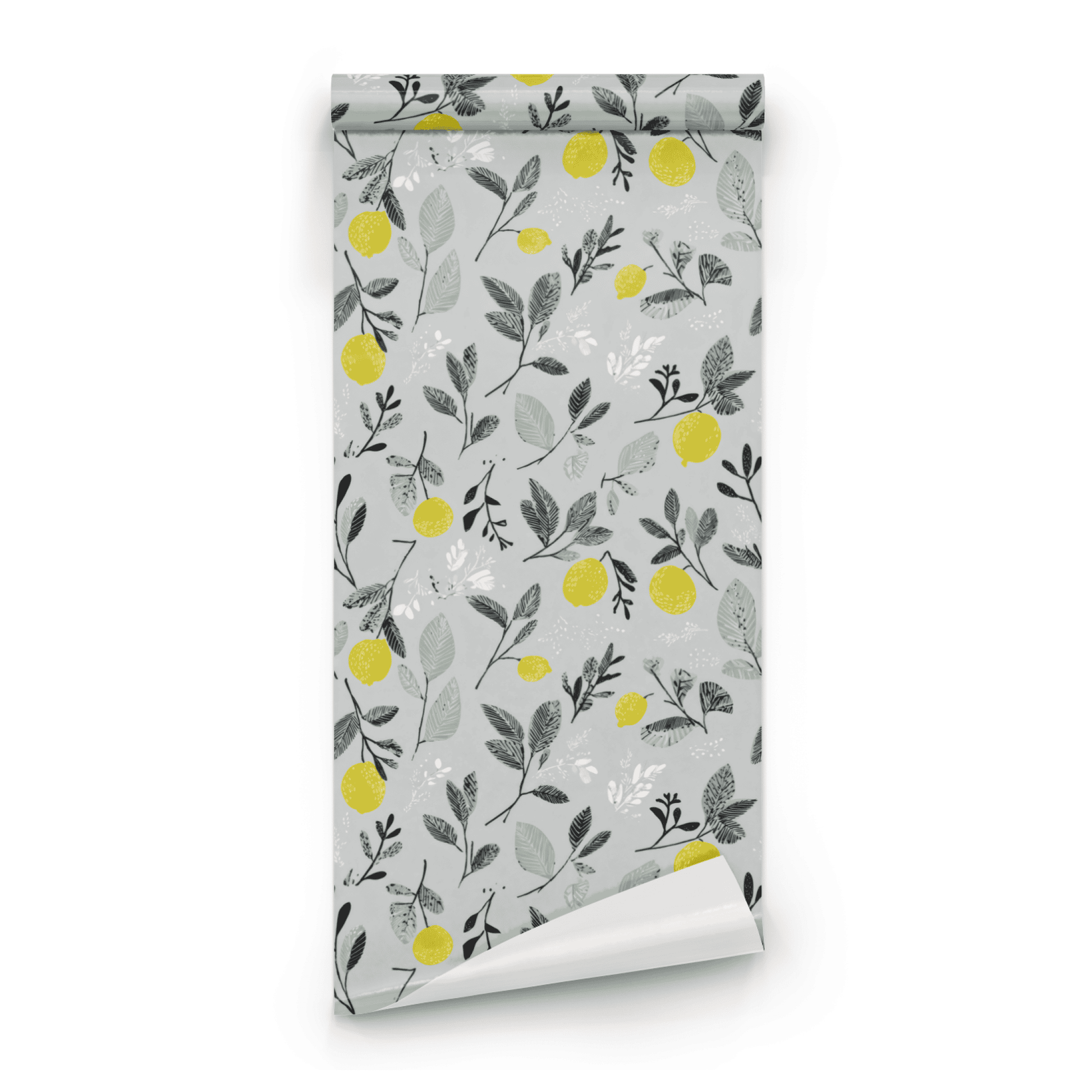 Blue Botanical Wallpaper roll close-up showing the citrus fruit and foliage drawing on the blue ground in fine line work
