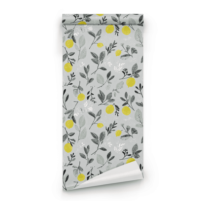Blue Botanical Wallpaper roll close-up showing the citrus fruit and foliage drawing on the blue ground in fine line work