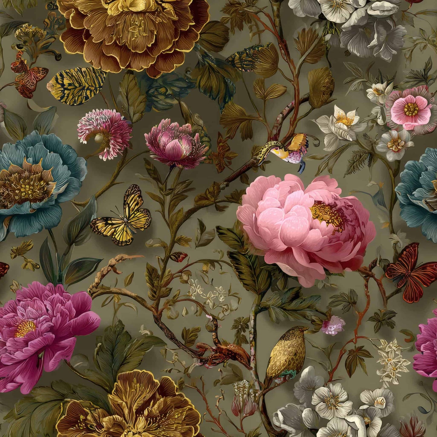Floral wallpaper with vibrant flowers, butterflies, and birds on a muted green background.