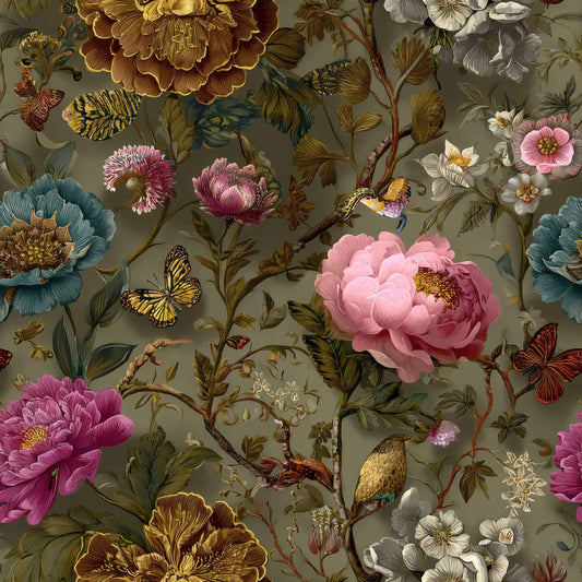 Floral wallpaper with vibrant flowers, butterflies, and birds on a muted green background.