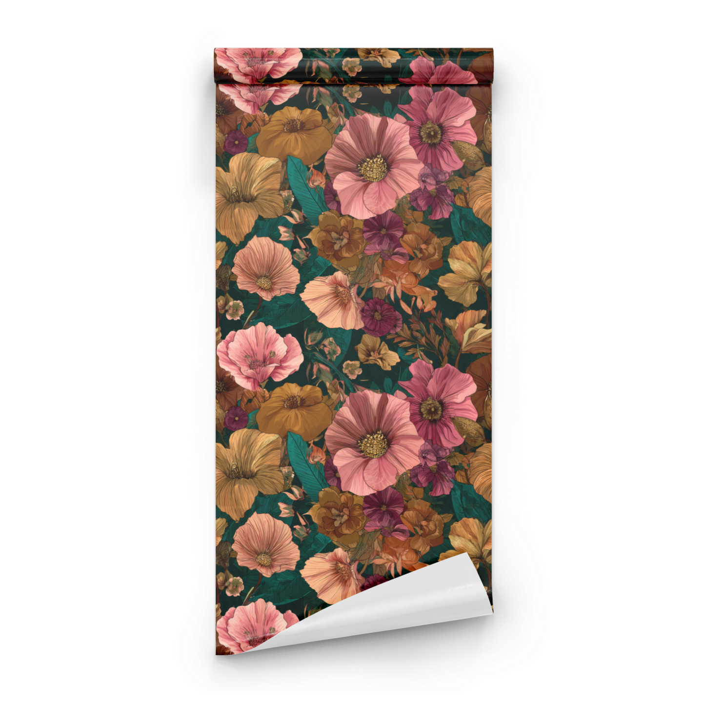 Green Floral Wallpaper roll close-up showing the garnet floral drawing in deep green Arts and Crafts Victorian detail
