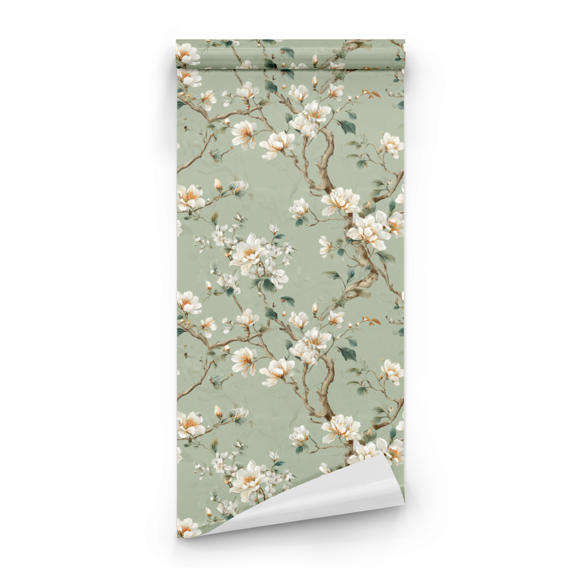 Green Floral Wallpaper roll preview showing the magnolia flower drawing in soft celadon green tones