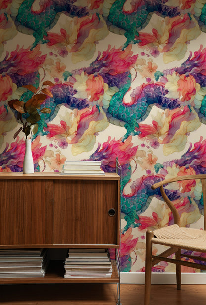 Celestial Dragons large scale wallpaper in a styled room