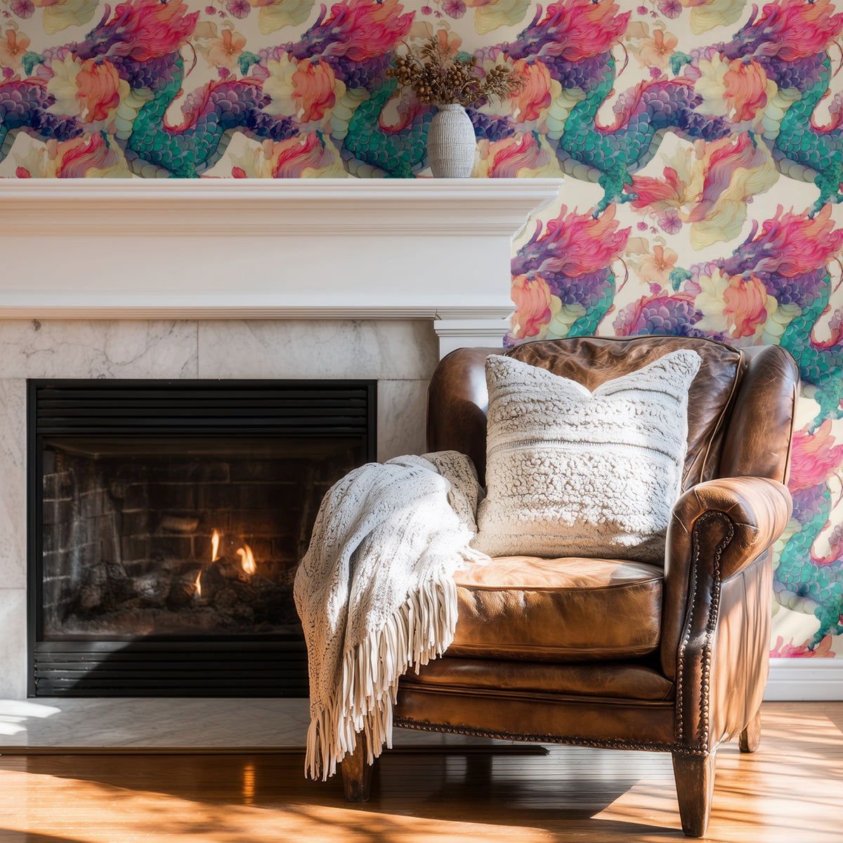 Celestial Dragons large scale wallpaper in a styled room