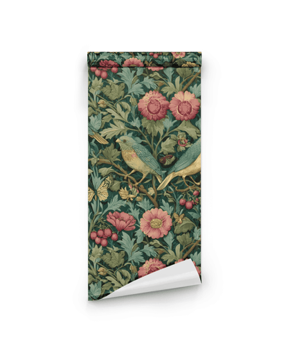 Eden Blossom Wallpaper is a rolled sheet featuring a vintage floral and bird pattern in green, pink, and yellow on a white background.