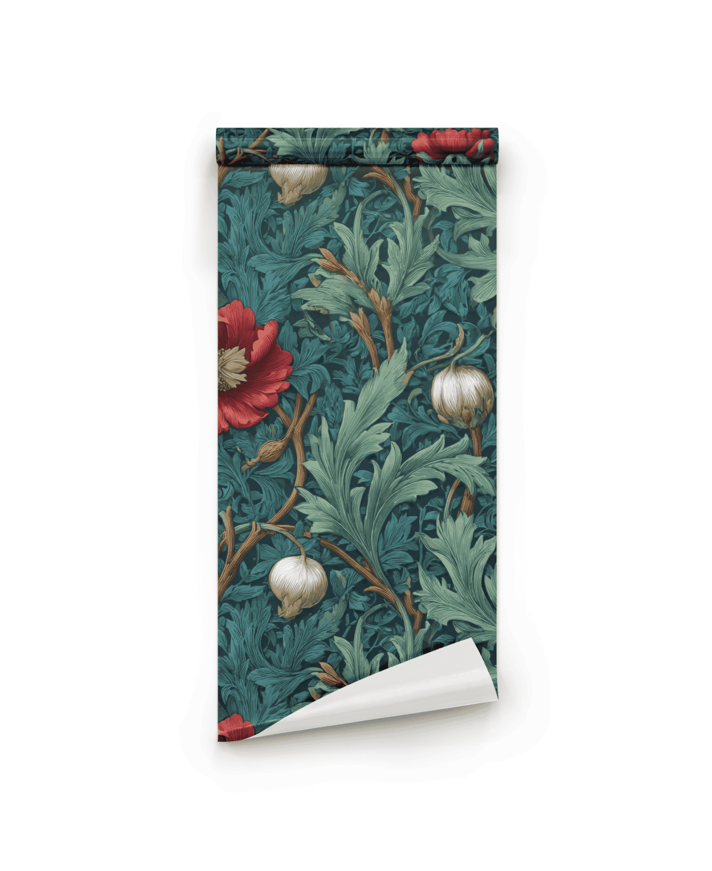 Crimson Flora Wallpaper: a rolled wallpaper featuring a botanical pattern of deep red blooms, white flowers, and intricate foliage on a teal background.
