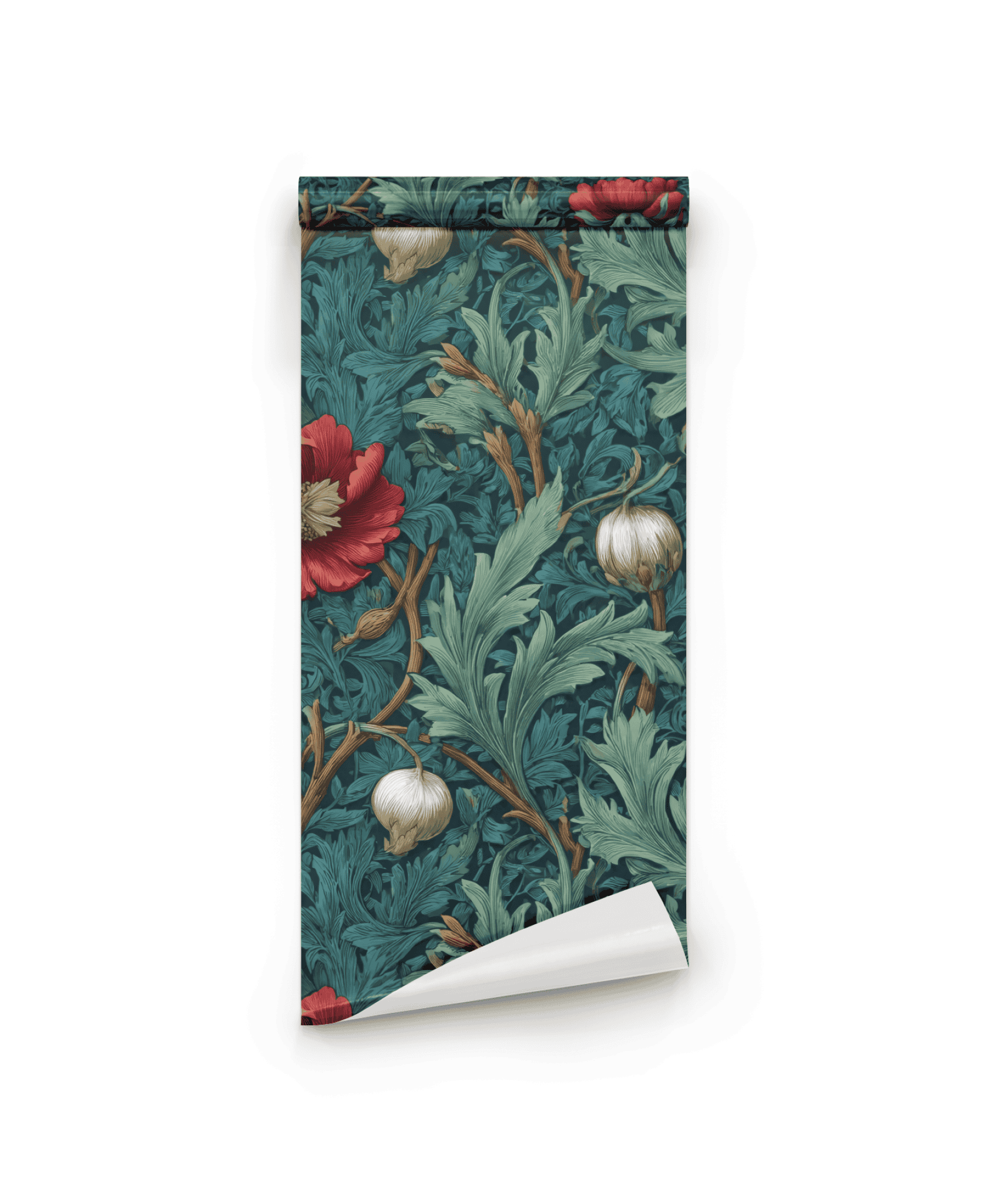Crimson Flora Wallpaper: a rolled wallpaper featuring a botanical pattern of deep red blooms, white flowers, and intricate foliage on a teal background.
