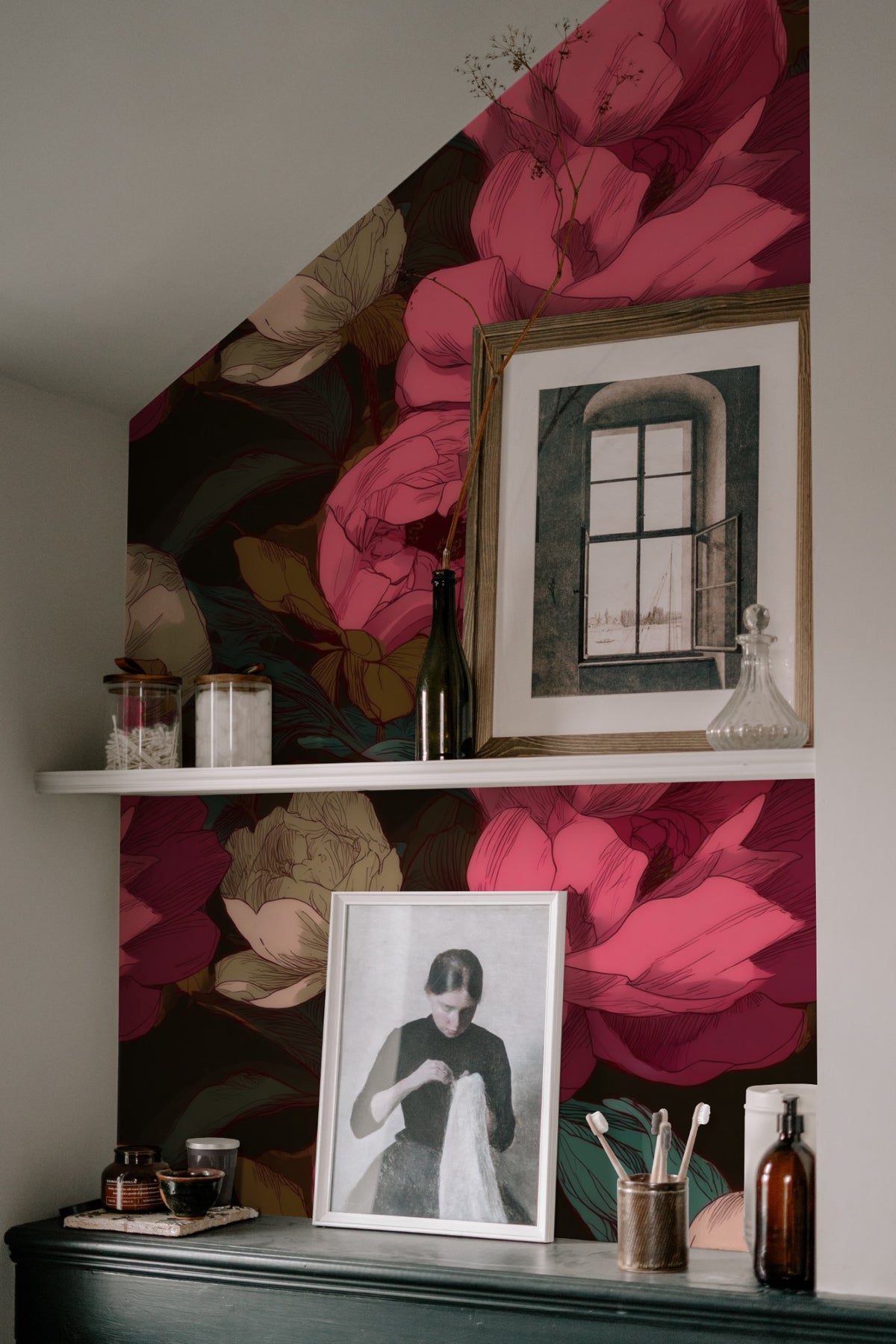 Charcoal Peony large scale wallpaper in a styled room