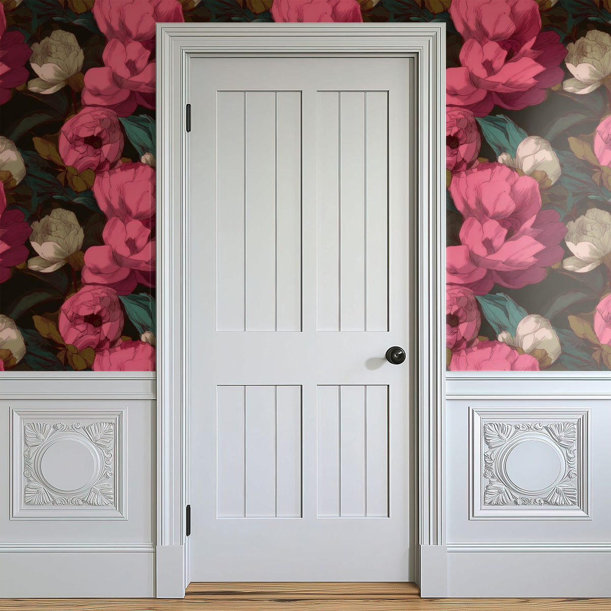 Charcoal Peony large scale wallpaper in a styled room