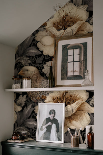 Charcoal Pigeons large scale wallpaper in a styled room