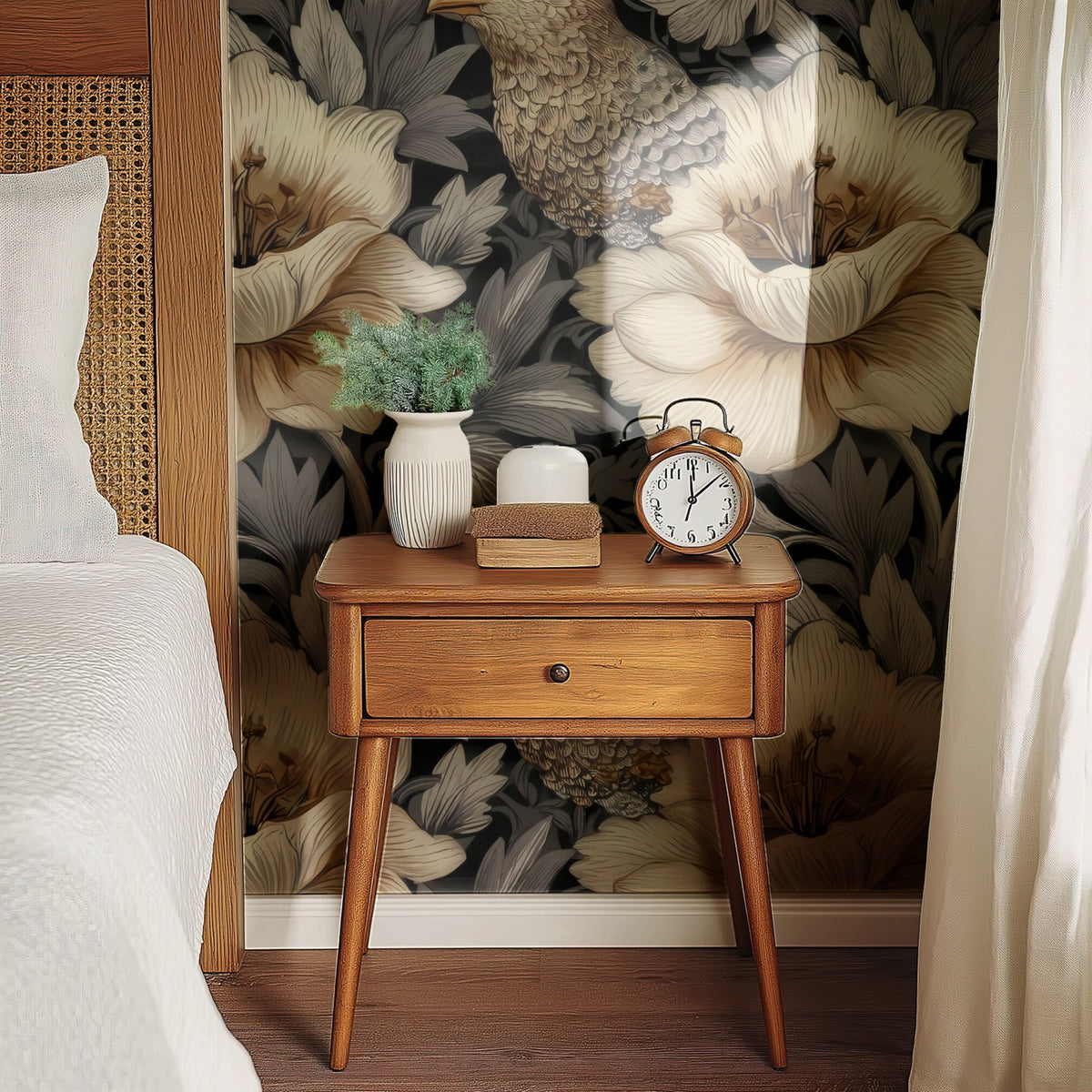 Charcoal Pigeons large scale wallpaper in a styled room
