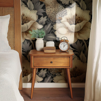 Charcoal Pigeons large scale wallpaper in a styled room